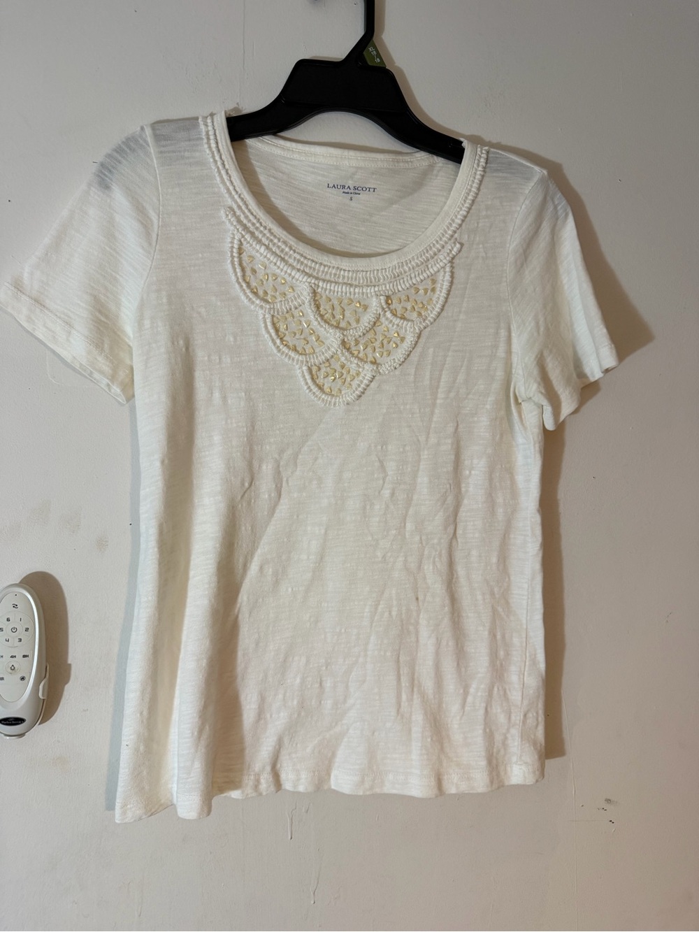 Laura Scott Cream Short Sleeve Top with Crochet Bib
